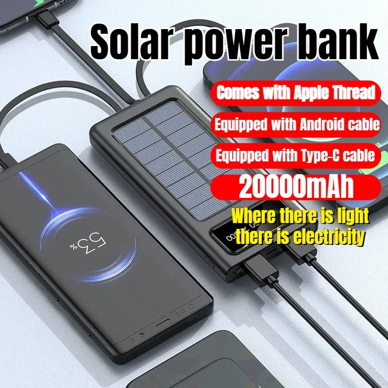 WEPRO™ Solar Power Bank Built in Cable, External Charger With LED Light